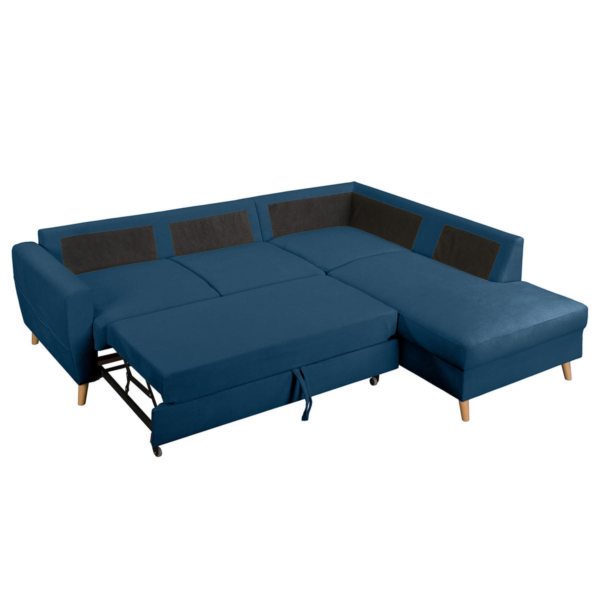 ECKSOFA mit Ottomane - Blau/Braun, Holz/Textil (230/200cm) - home24