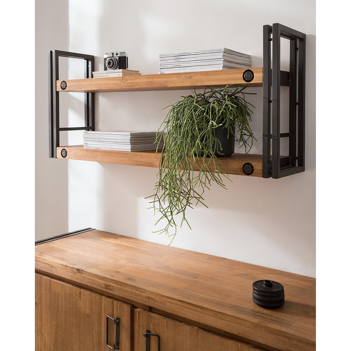 WANDREGAL - Akazie massiv / Metall - Akazie / Anthrazit - 110 cm - Braun, Holz/Metall (110/49/24cm) - home24