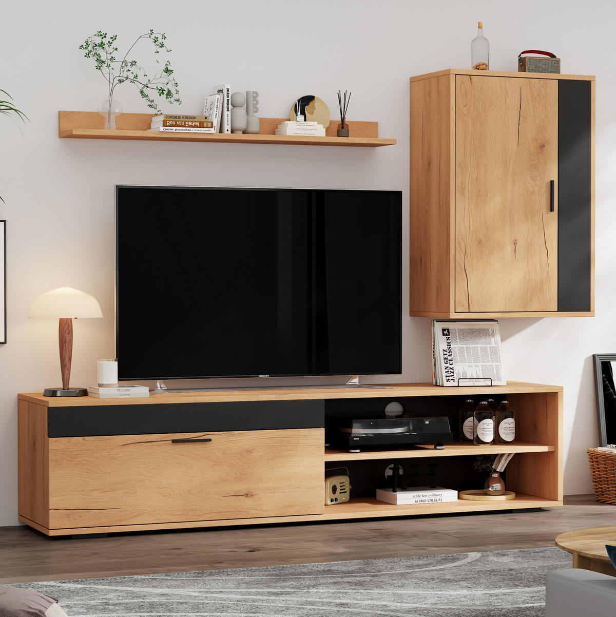 TV-SCHRANK-SET 3-teilig in Eiche/Schwarz 140/35/39 cm (mit Wandschrank und Regal) - Eichefarben, Holzwerkstoff (140/116/35cm) - Redom