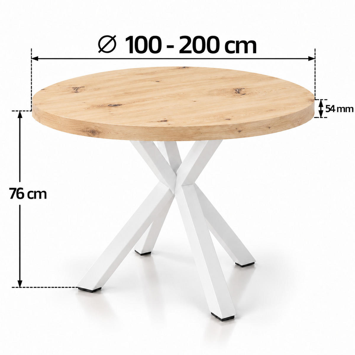 ESSTISCH rund ausziehbar 100-200/100/76 cm, Artisan Eiche, 54 cm Tischplatte + Metall weiß - Eiche Artisan, Holzwerkstoff/Metall (100/200/76cm) - Damale Möbel