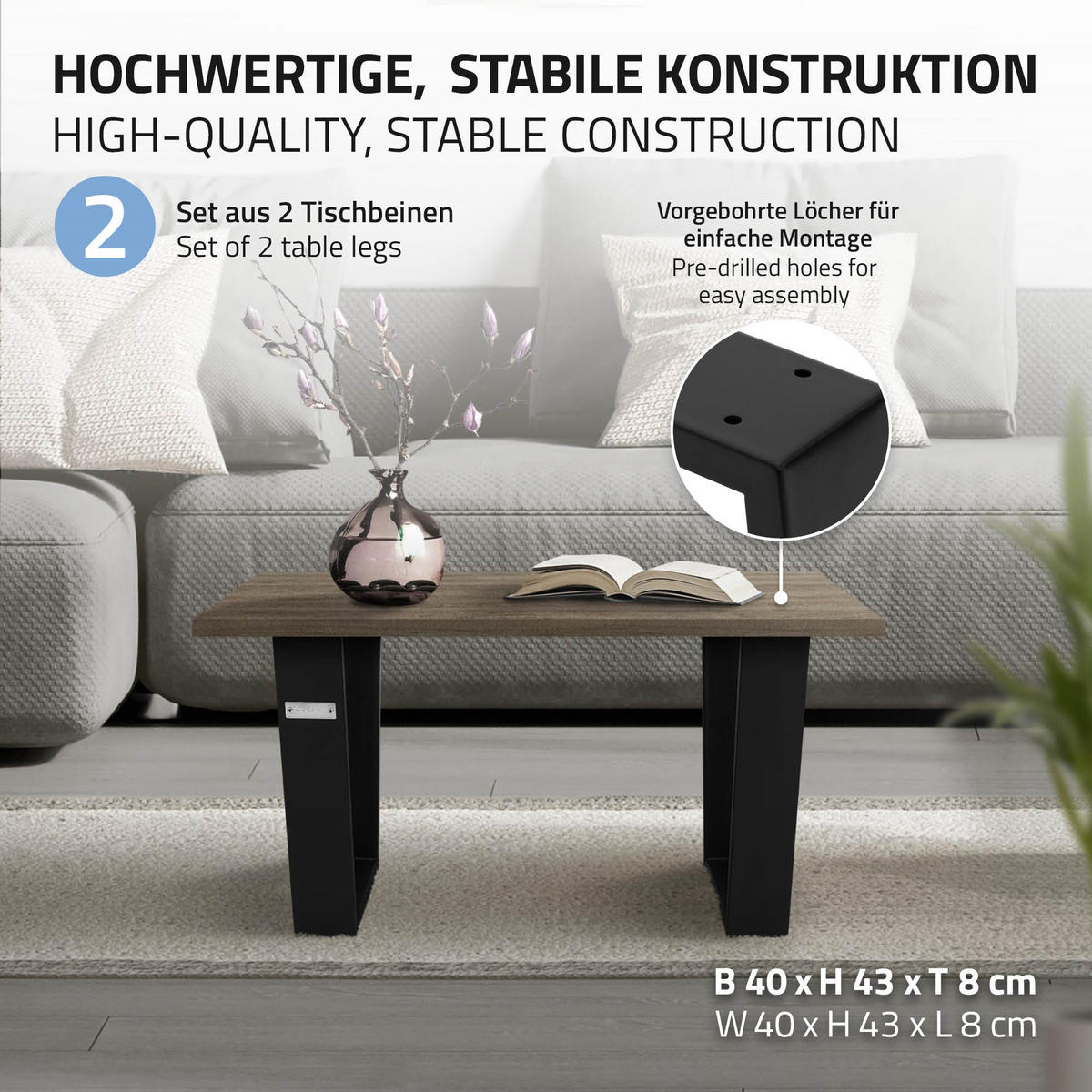 TISCHBEINE 2er Set V-Form 40 x 43 cm Schwarz - Schwarz, Metall (40/8/43cm) - ML-DESIGN