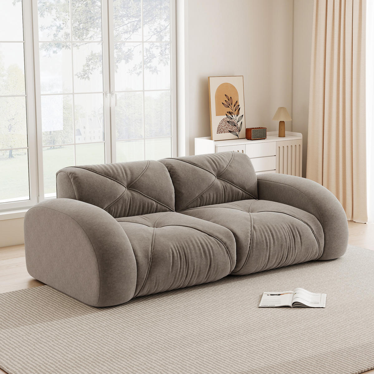 SOFA 204/95/76 cm in Taupe aus Chenille, rahmenlos und flexibel - Taupe, Textil (95/76/204cm) - Flora Grace