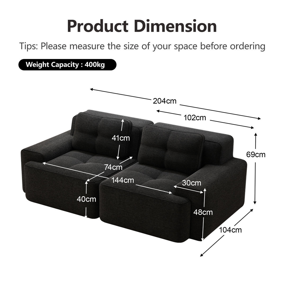 SOFA modular mit Tiefsitz 74 cm Cord Black - Schwarz, Kunststoff (104/69/204cm) - Meubliv
