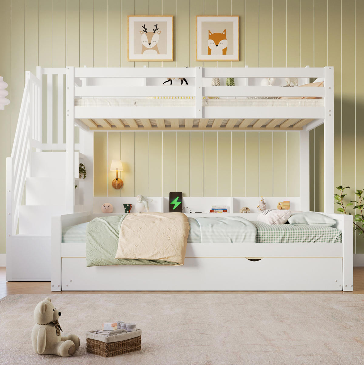 ETAGENBETT aus MDF und Kiefernholz 90x200/140x200 cm Weiß mit Ausziehbett, Stauraumtreppe und USB-Anschluss - Weiß, Holz (90/200cm) - Modfu