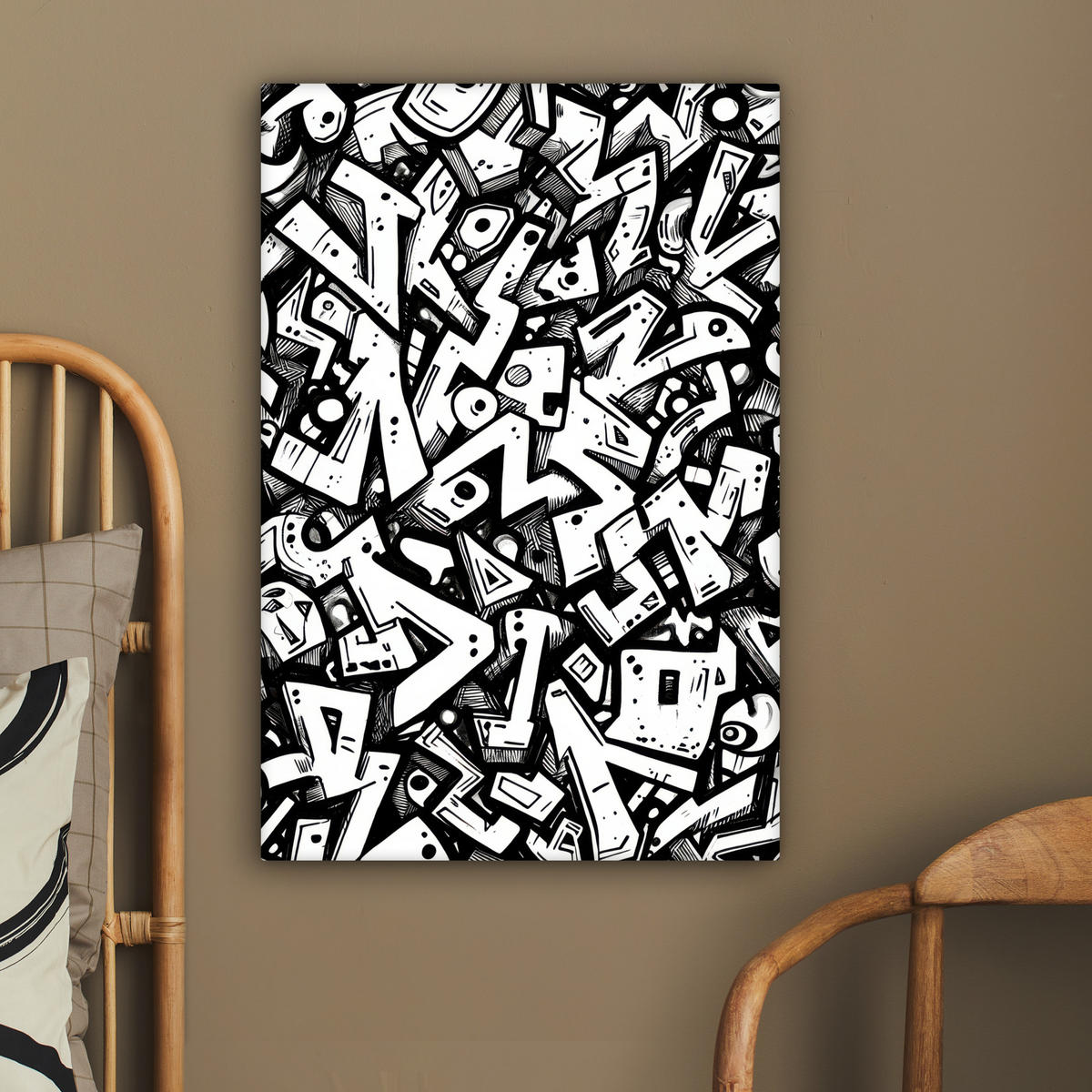 LEINWANDBILD Formen - Buchstaben - Graffiti - Schwarz Wanddeko Schlafzimmer 60x90 cm - Schwarz, Textil (60/90cm) - MuchoWow
