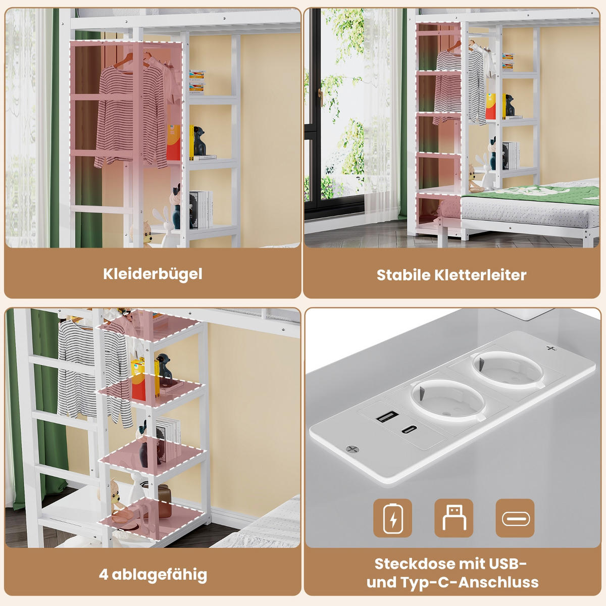 ETAGENBETT 90/200 cm Weiß mit Schreibtisch, Kleideraufbewahrung, USB- und Type-C-Schnittstelle - Weiß, Metall (90/200cm) - Oxeza