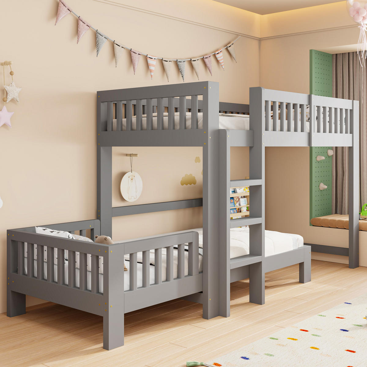KINDERBETT-SET aus Kiefernholz 90x200 cm Grau, modular als Hoch- und Einzelbett - Grau, Holz (90/200cm) - Modfu