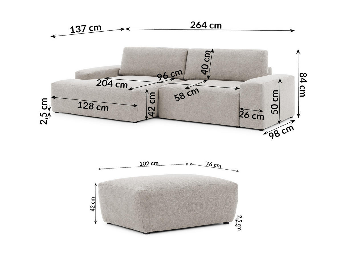 ECKSOFA inkl. Hocker Lennon aus Beige Strukturstoff mit Schlaffunktion und Bettkasten - Beige/Schwarz, Holz/Kunststoff (137/264cm) - S-Style
