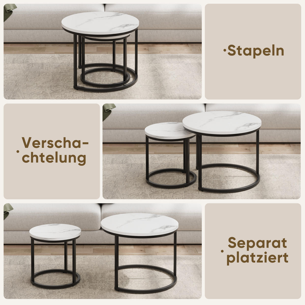 COUCHTISCH-SET 60/60/45 cm verschachtelbar mit Metallgestell und 2 Tischen, Weiß/Schwarz - Weiß, Holzwerkstoff (60/60/45cm) - Redom