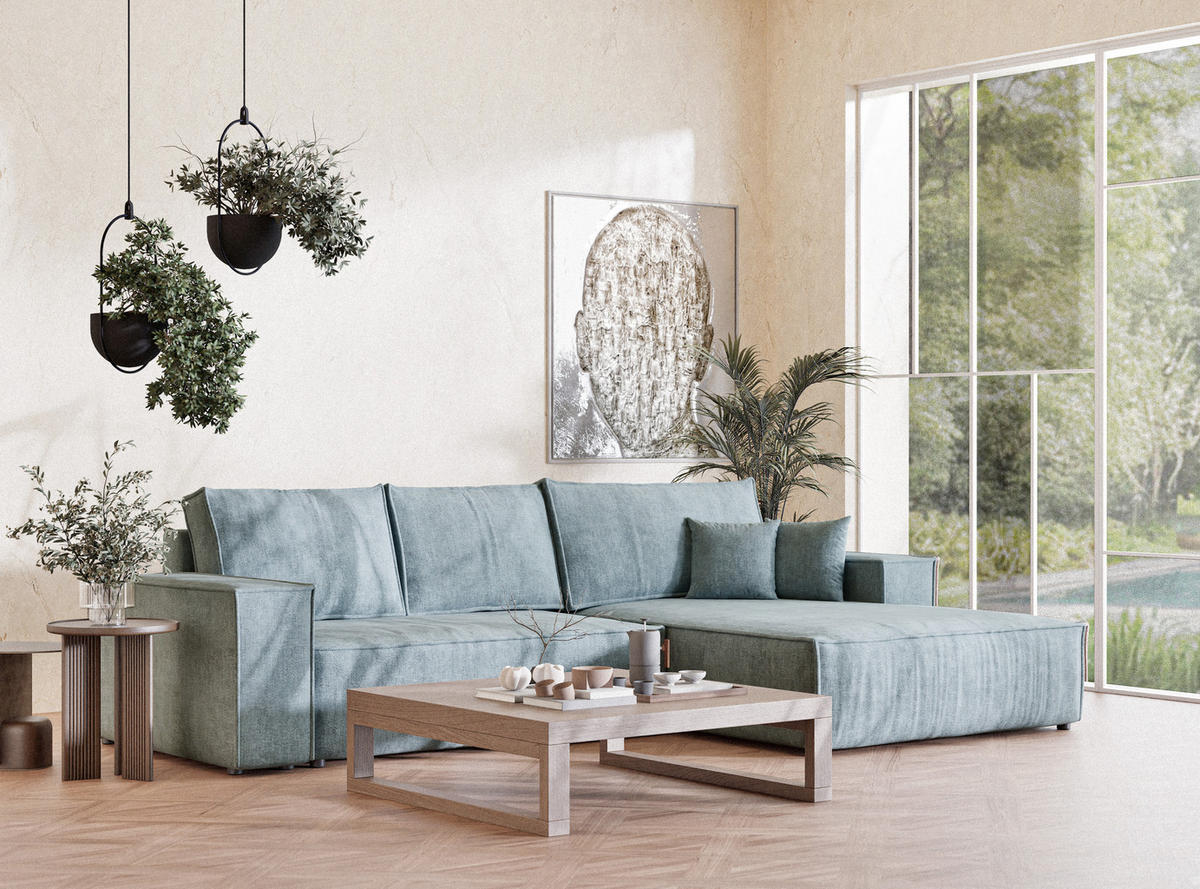 ECKSOFA Maze Hellblau Chenille-Stoff - Rechts Seite - Schwarz/Hellblau, Holz/Holzwerkstoff (294/185cm) - Maison de Reve