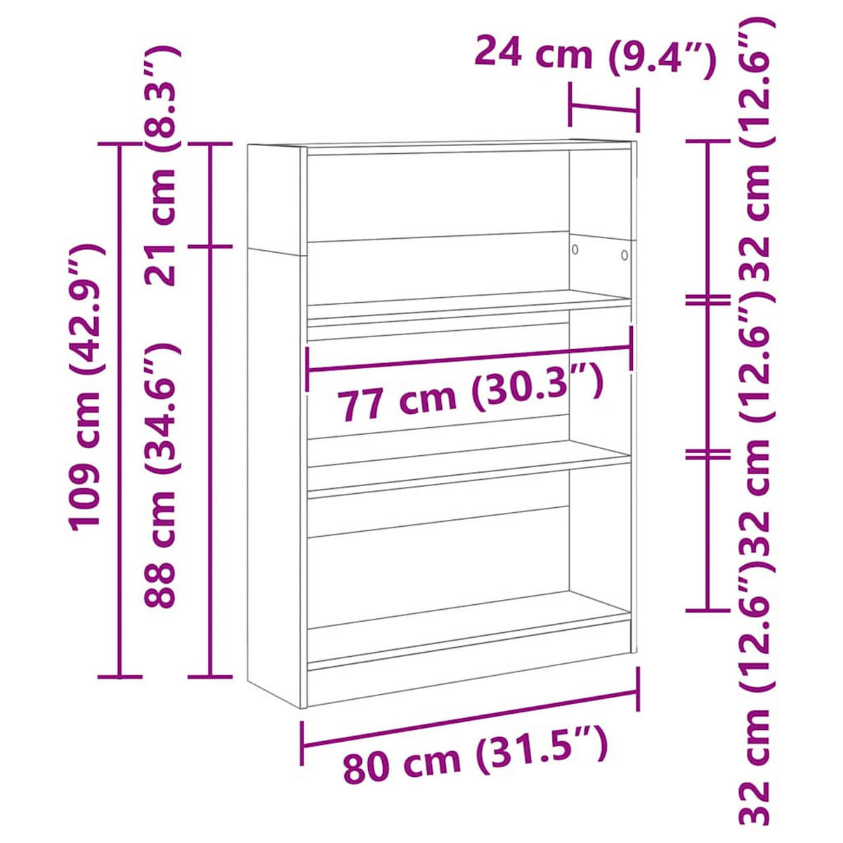 BÜCHERREGAL mit 3 Fächern 80/24/109 cm aus Holzwerkstoff Weiß - Weiß, Holz (80/109/24cm) - vidaXL
