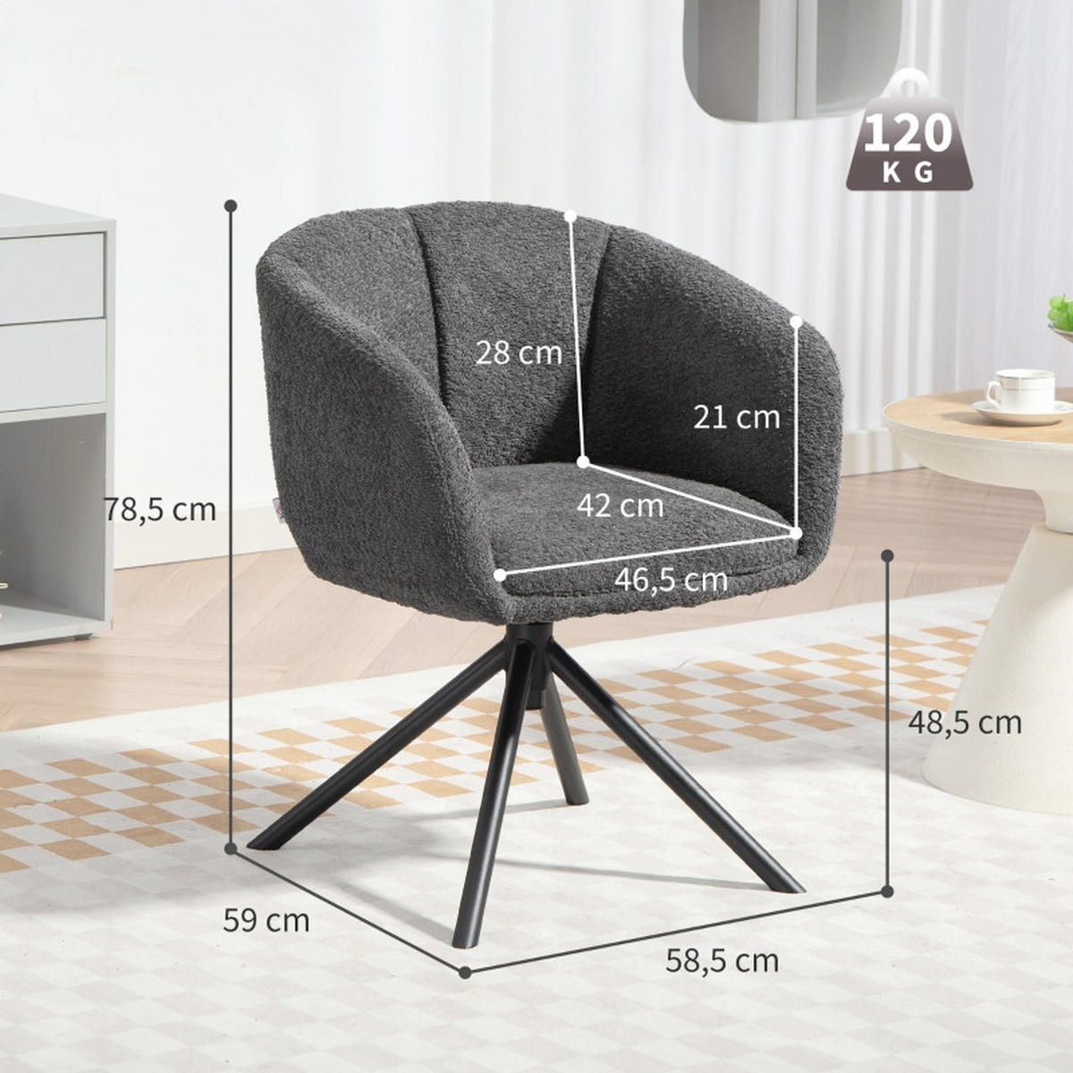 SESSEL Leinen Grau drehbar - Grau, Textil/Metall (58.5/78.5/59cm) - WISHDOR