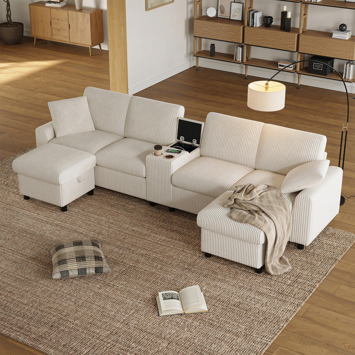 ECKSOFA 315/135/81 cm Beige mit 2 Fußhocker mit Stauraum und 1 Couchtisch - Beige, Textil (315/135cm) - Oxeza