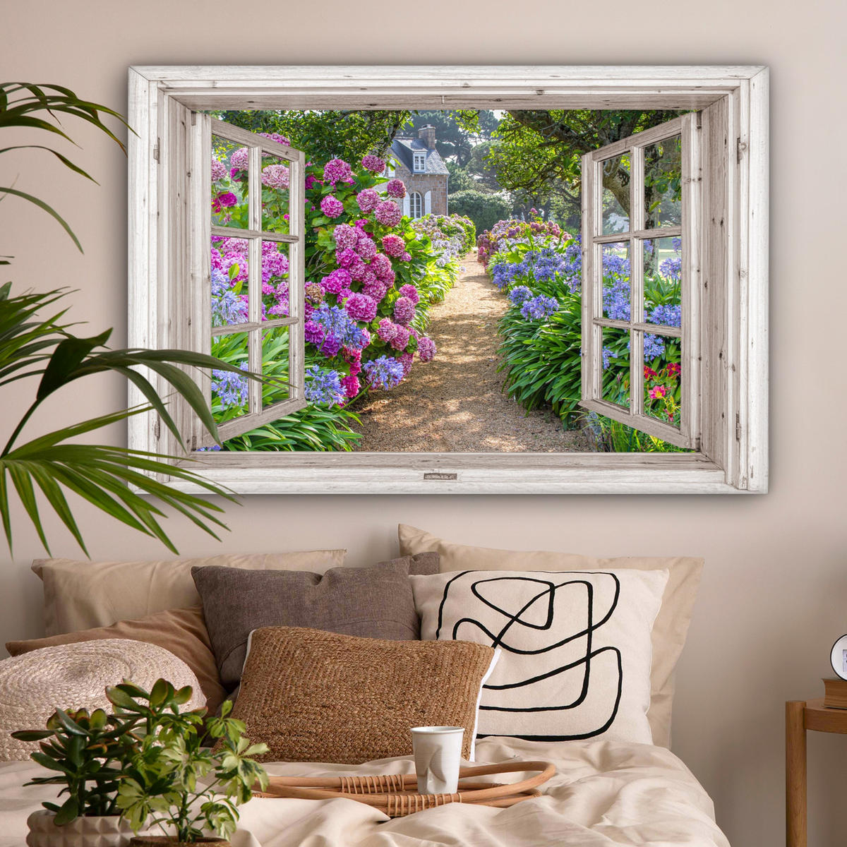 LEINWANDBILD Hortensie - Durchsichtig - Blumen - Sommer - Lila - Weg Wohnzimmer 120x80 cm - Lila, Textil (120/80cm) - MuchoWow