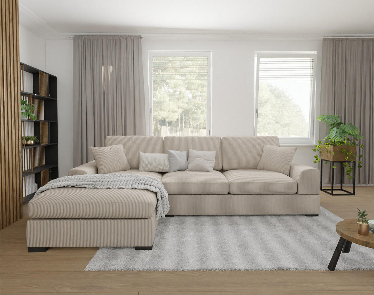 ECKSOFA Saga Beige Cord - Beige/Schwarz, Holz/Buchenholz (306/184cm) - S-Style Möbel