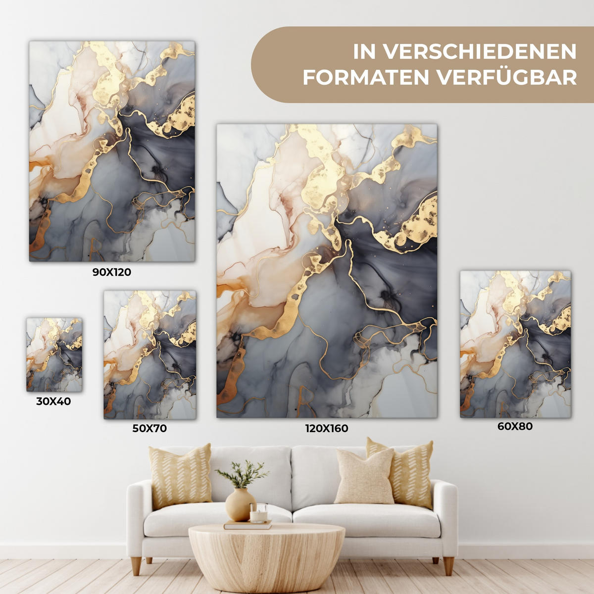 LEINWANDBILD Marmor - Schwarz - Gold - Weiß 60x80 cm - Dunkelgrau, Textil (60/80cm) - MuchoWow