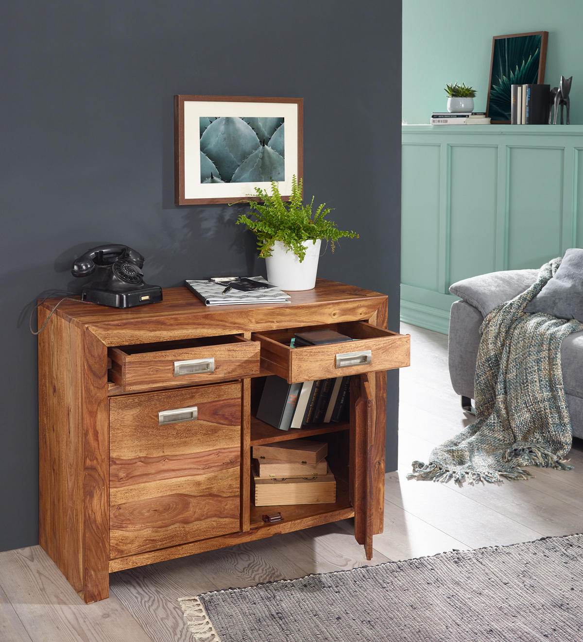SIDEBOARD – Massivholz, 90 cm, 2 Türen, Schubladen, viel Stauraum - Braun, Holz (90/70/40cm) - KADIMA DESIGN