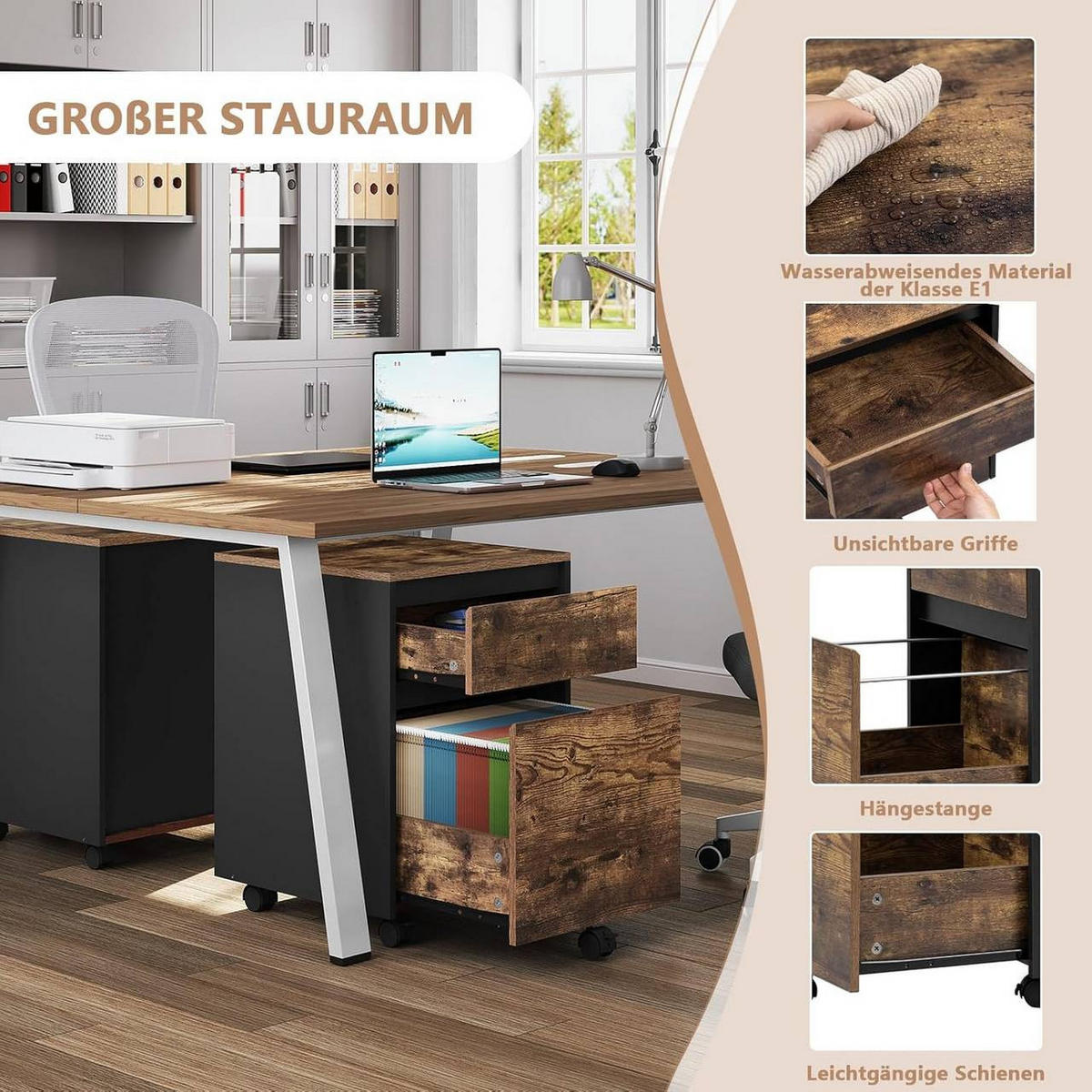 ROLLCONTAINER, Aktenschrank, 40x57x40cm, Vintage-Holzoptik - Dunkelbraun, Holzwerkstoff (40/57/40cm) - Woltu