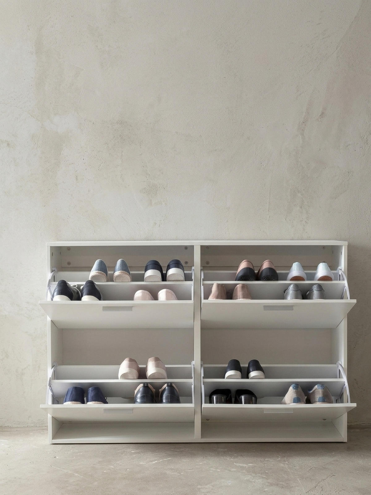 SCHUHSCHRANK Holz mit 4 Klappen und großer Ablage, Weiß 120x24x81 cm - Weiß, Holz/Metall (120/81/24cm) - KADIMA DESIGN