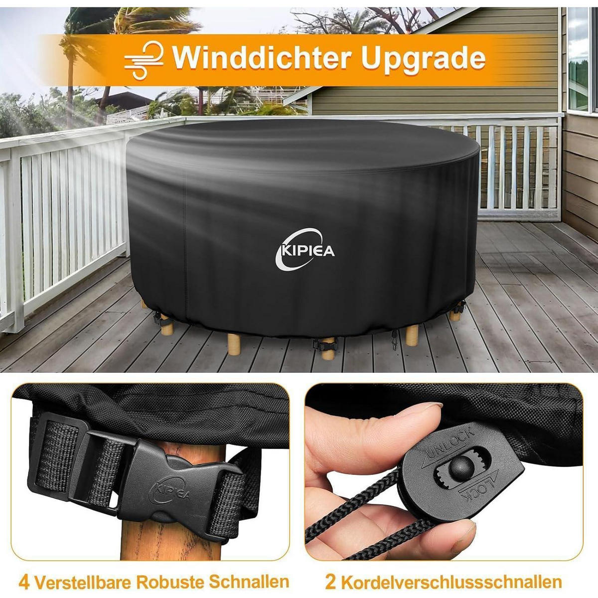GARTENTISCH Abdeckung Rund Ø244x90cm Wasserdicht Winterfest - Schwarz, Kunststoff (244/71/244cm)