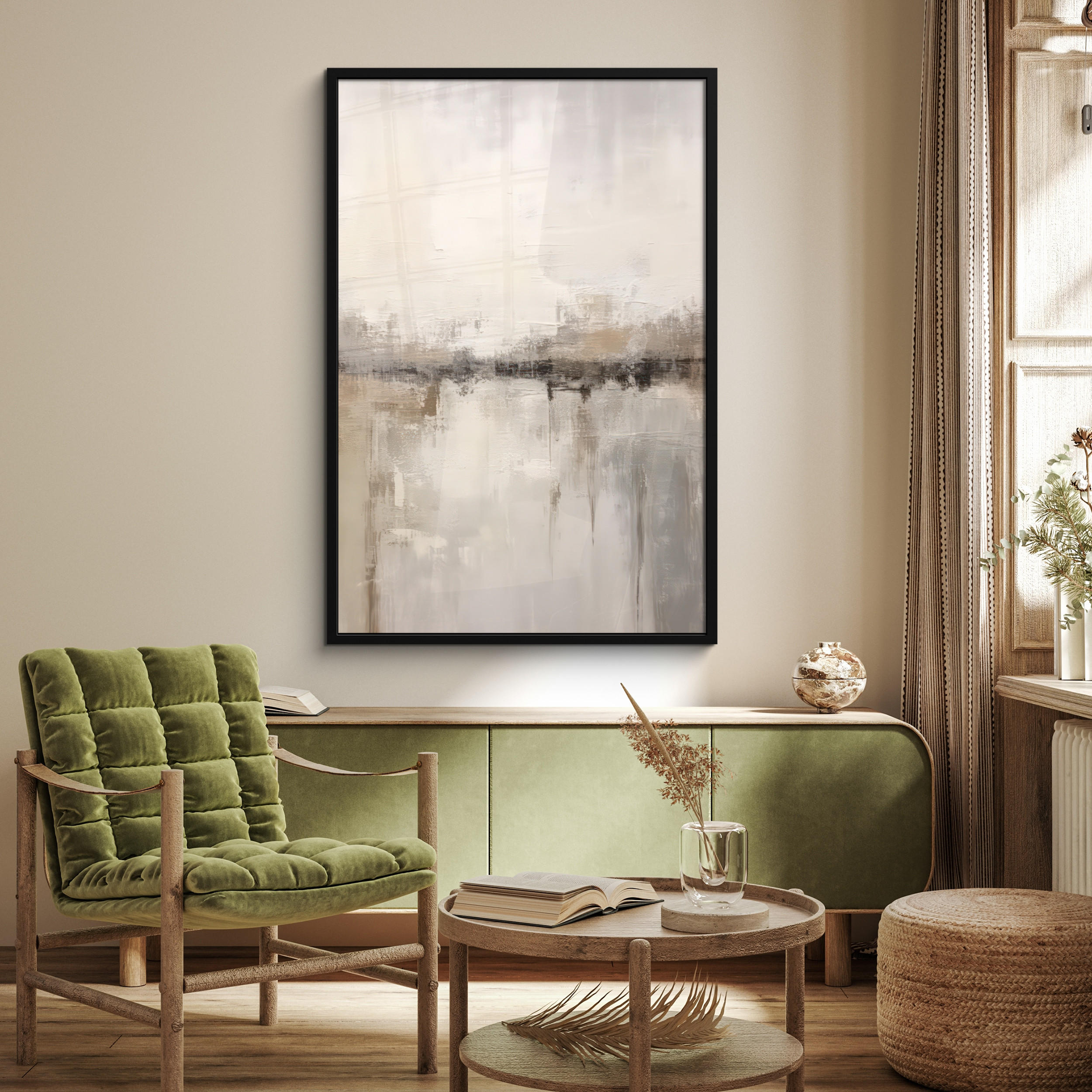 GERAHMTES BILD Moderne Kunst - Abstrakt - Beige 80x120 cm - Beige, Papier (80/120cm) - MuchoWow
