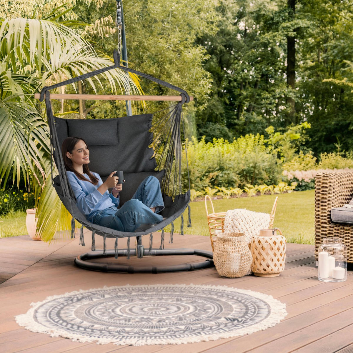 HÄNGESESSEL mit 3 Kissen 75/100/130 cm, bis 140 kg - Schwarz, Textil (100/130/75cm) - Outtec