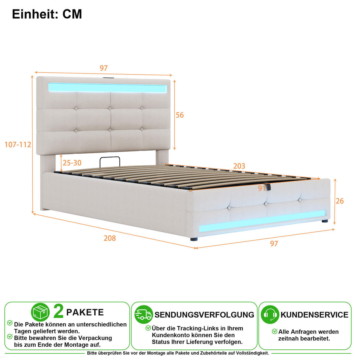 POLSTERBETT 90/200 cm in Beige mit LED und USB Leinen - Beige, Holzwerkstoff/Textil (90/200cm) - CHICFURN
