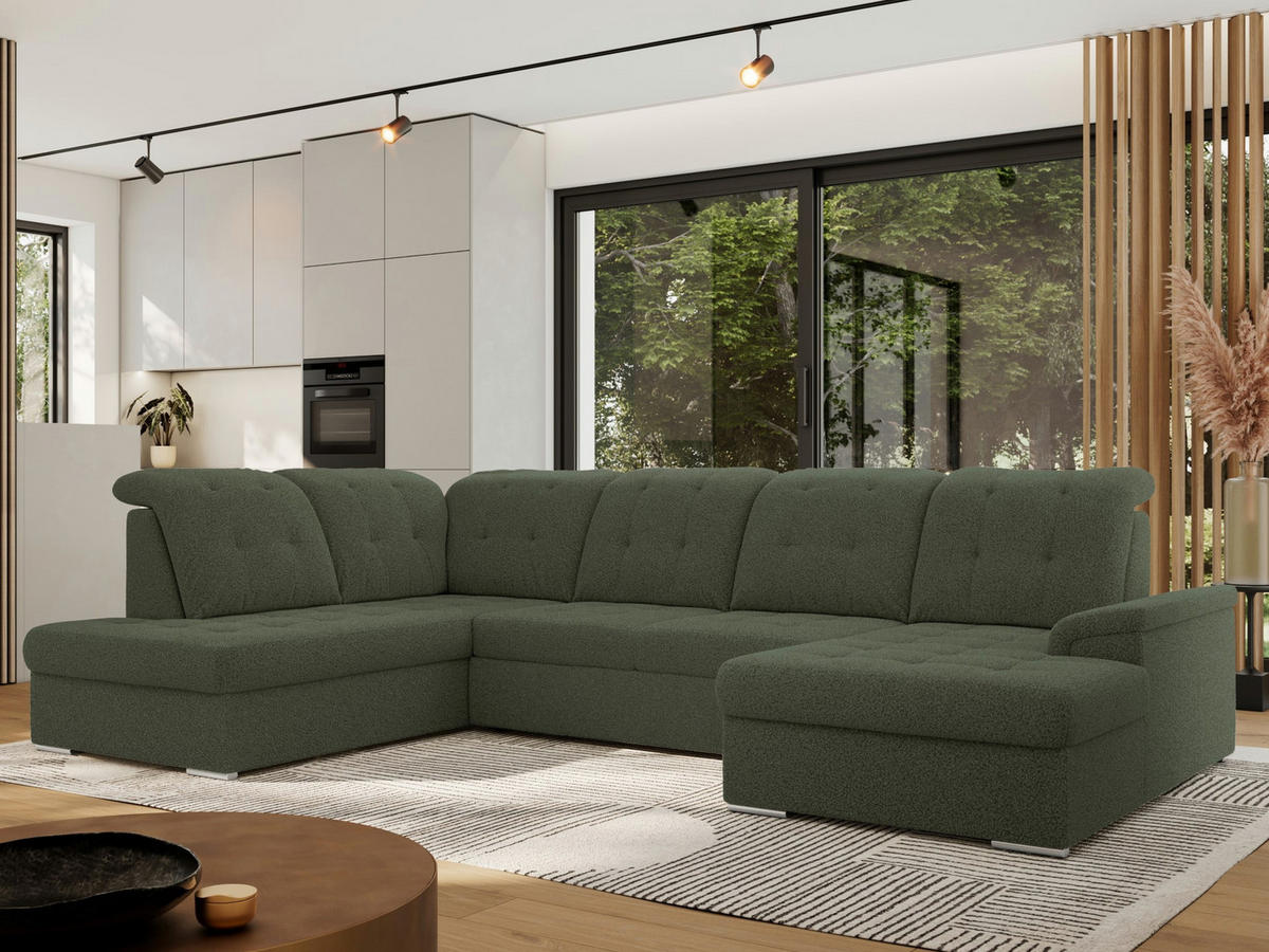 WOHNLANDSCHAFT MADRITO U - Grün Boucle - Links - Silberfarben/Grün, Textil/Metall (204/89/323cm) - MKS
