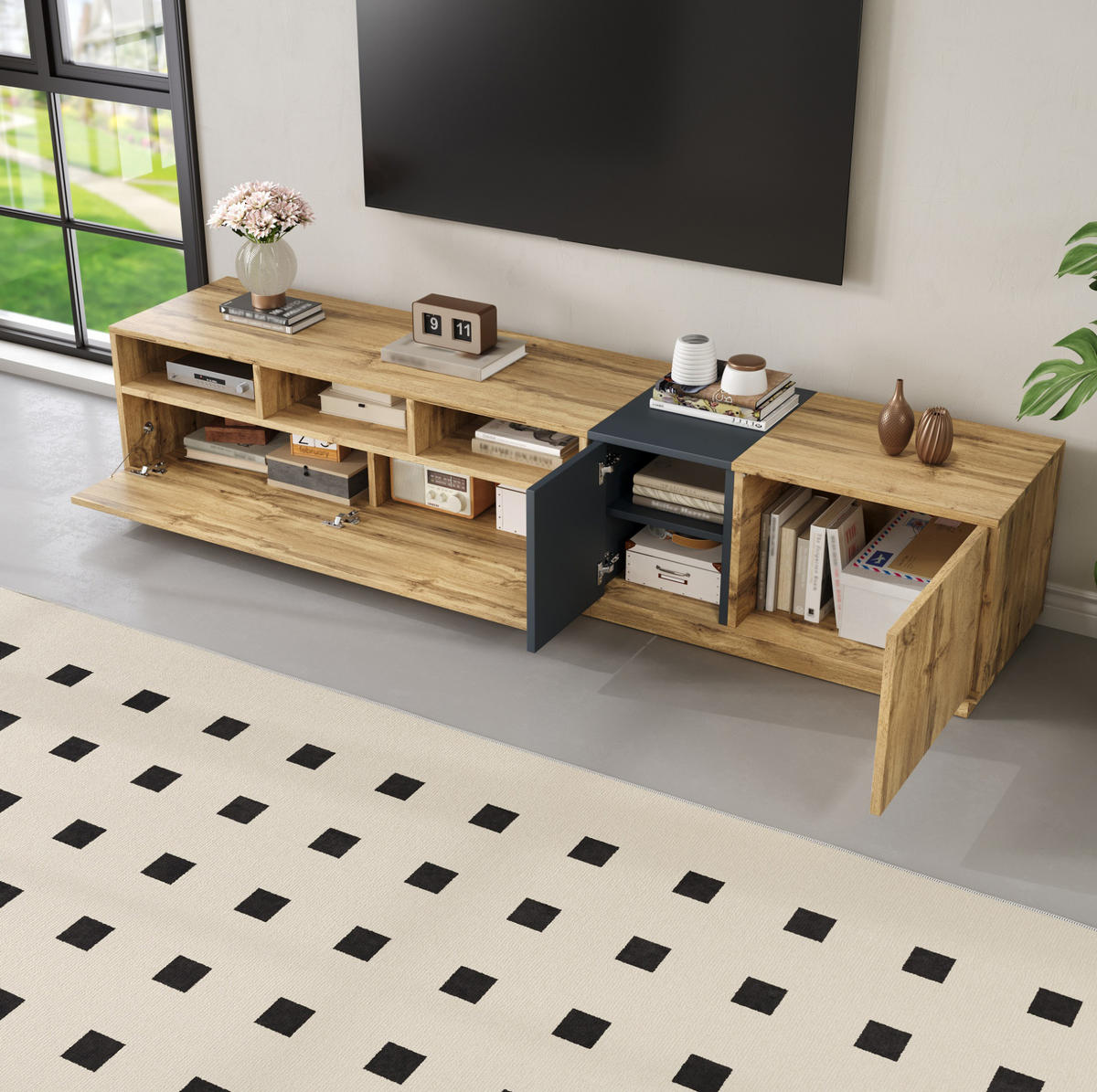 TV-SCHRANK aus Spanplatte 200x45x45 cm Schwarzgrau/Naturfarben mit Kabelöffnungen und Türen im Kontrastdesign - Schwarz, Holzwerkstoff (200/45/45cm) - Modfu