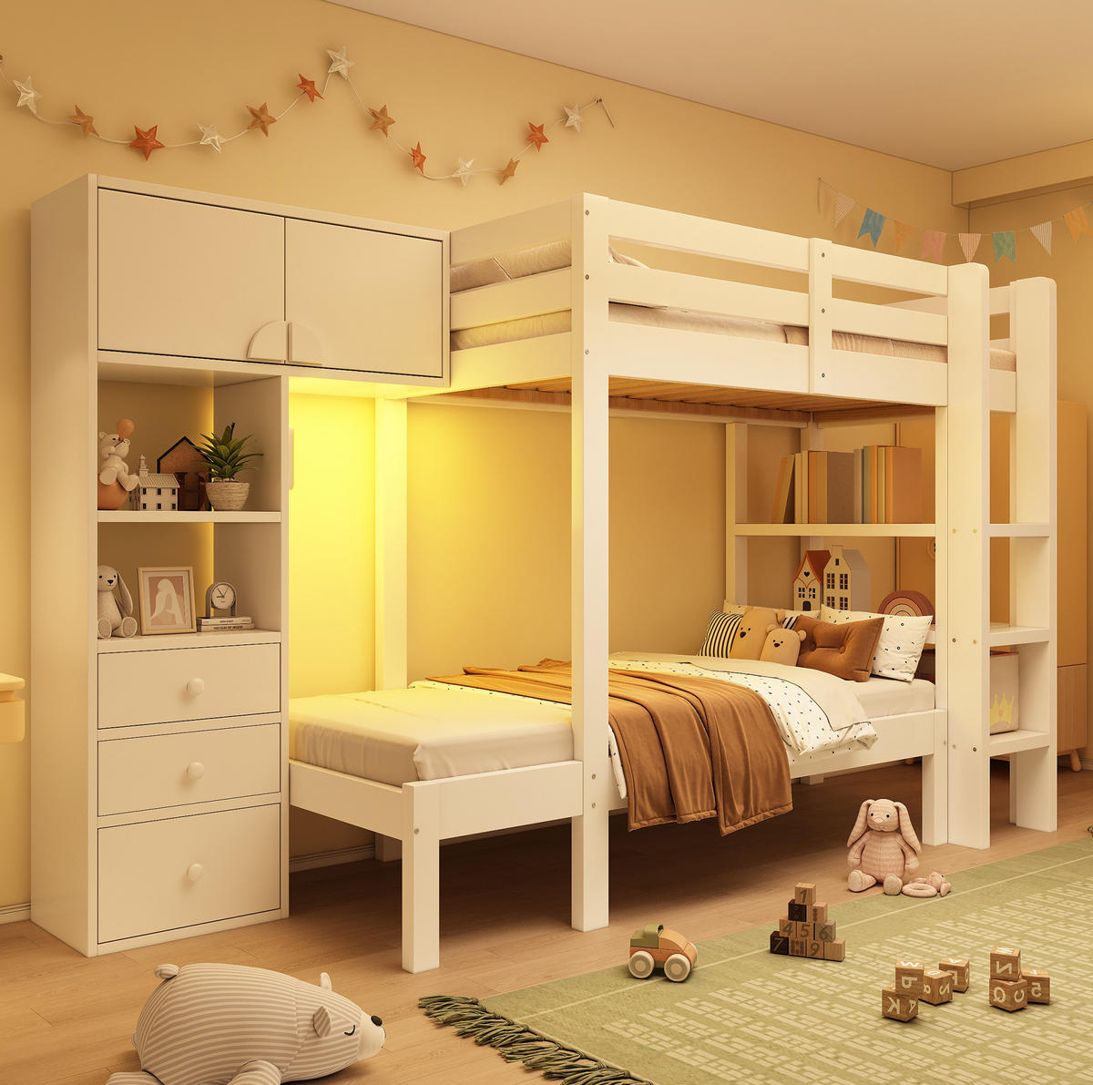 ETAGENBETT aus Massivholz und MDF 90x200 cm Weiß mit Nachtlicht, Schrank, Regal und Schubladen - Weiß, Metall (90/200cm) - Modfu