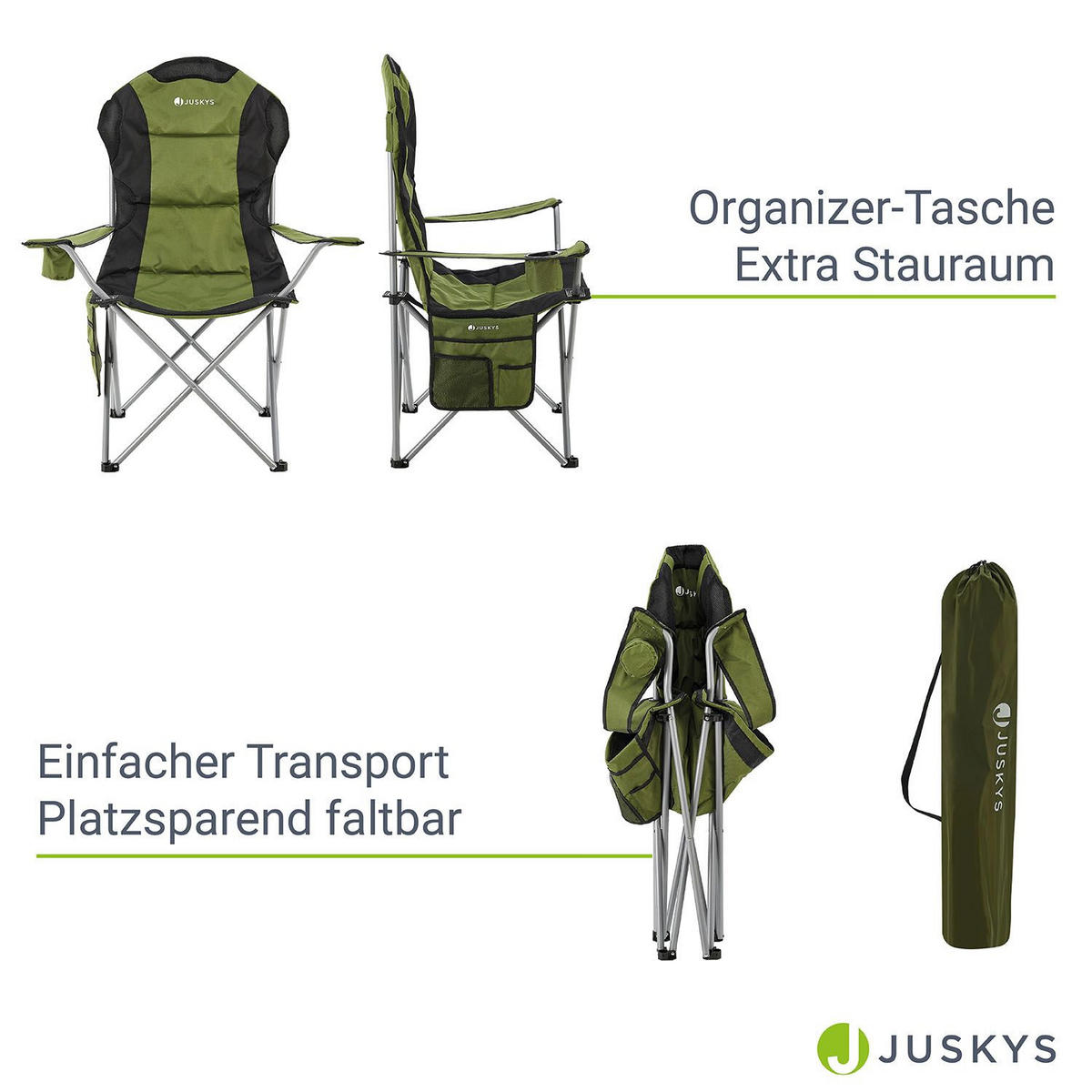 CAMPINGSTUHL Lido grün mit Flaschenhalterung & Tragetasche - Grün, Textil (62/102/62cm) - Juskys