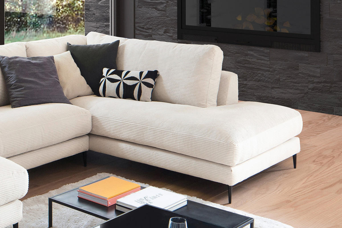 WOHNLANDSCHAFT CARA Cremeweiß Cord - Creme/Schwarz, Textil (341/84/223cm) - KAWOLA