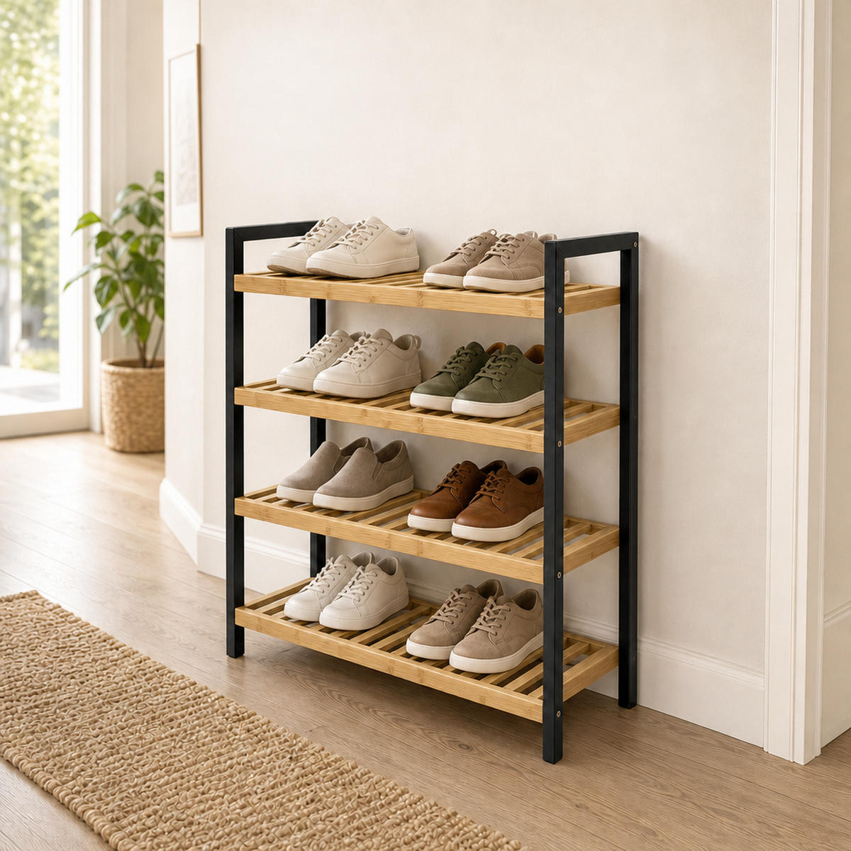 SCHUHREGAL Natur Schwarz Bambus 4 Ebenen - Hellbraun, Holz (70/75.5/24.5cm) - Relaxdays