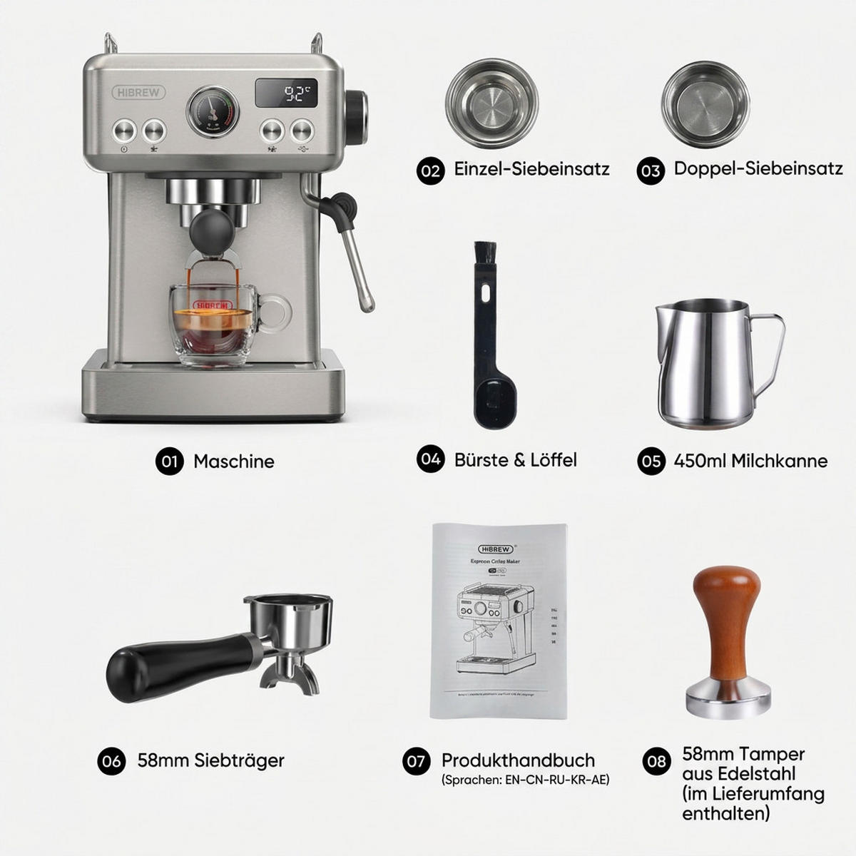 ESPRESSOMASCHINE Siebträger mit 20 Bar, Temperaturregelung und 58 mm Portafilter - Silberfarben, Metall (23/32/26cm) - Korfee