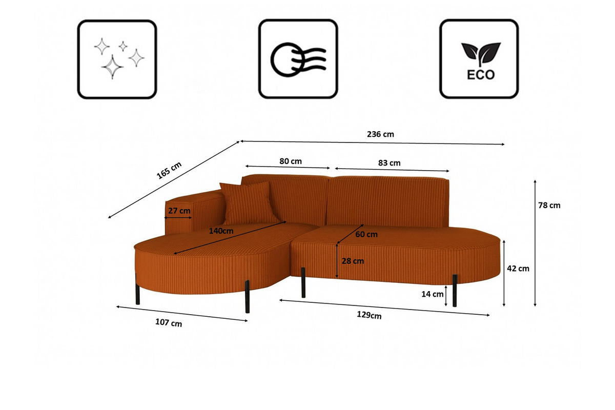 ECKSOFA L-Form Designer Modena Rein Stoff Cord Kupfer Links - Rostfarben, Holz (239/165cm) - Kaiser Möbel