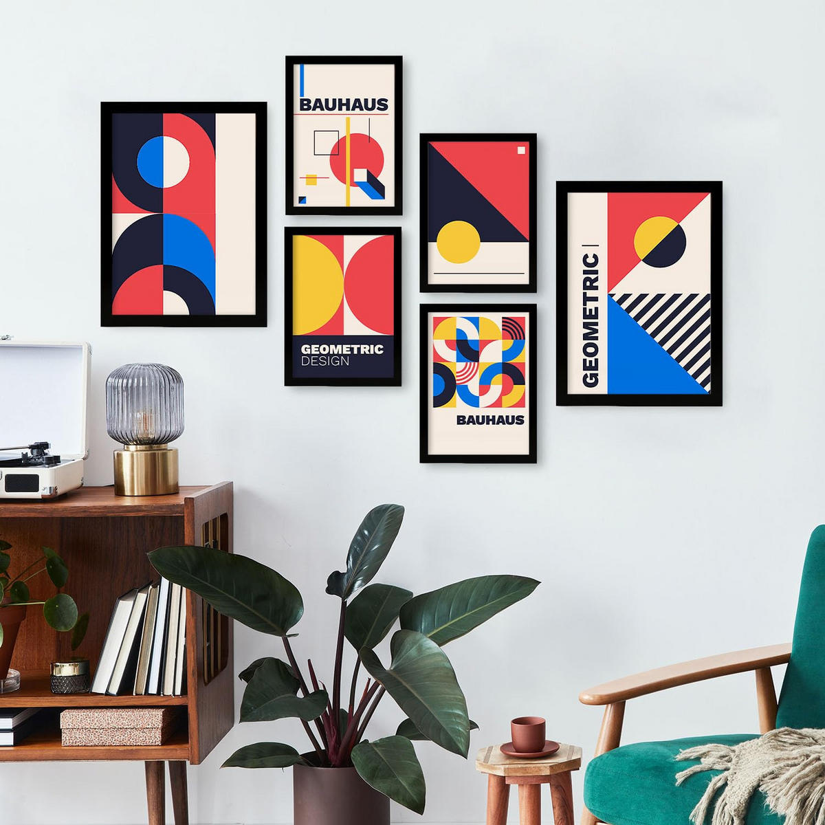 POSTER Set Mit 6 Drucken Im Bauhaus 5 Geometrische Designkollektion Drucke Mit Ästhetische Dekorative Rahmen Für Zuhause A3 & A4 Schwarzer Rahmen - Schwarz, Papier (29/3cm) - Nacnic
