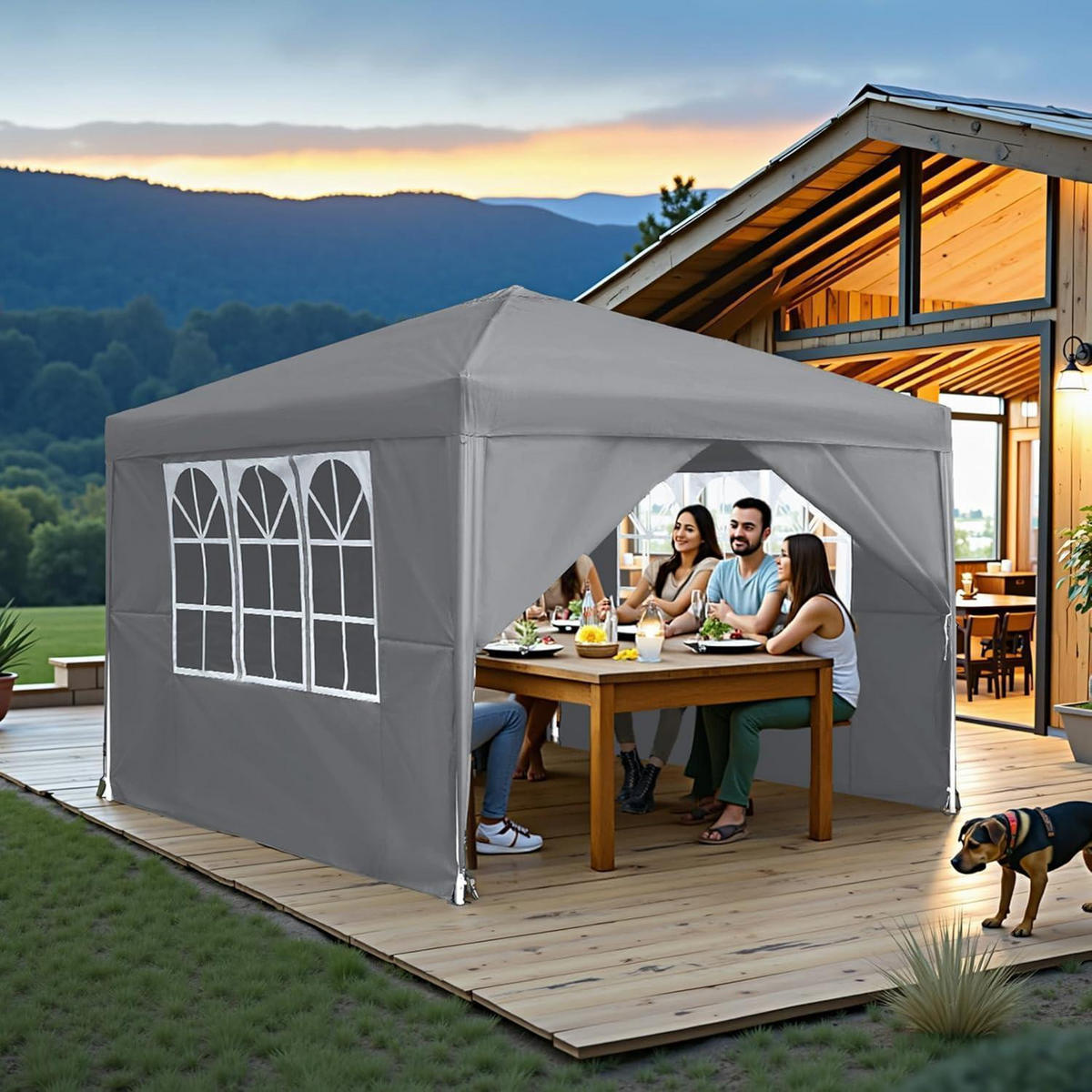 GARTENPAVILLON 300 x 300 cm Grau mit 4 Seitenteilen und Fenstern - Grau, Textil (300/260/300cm)