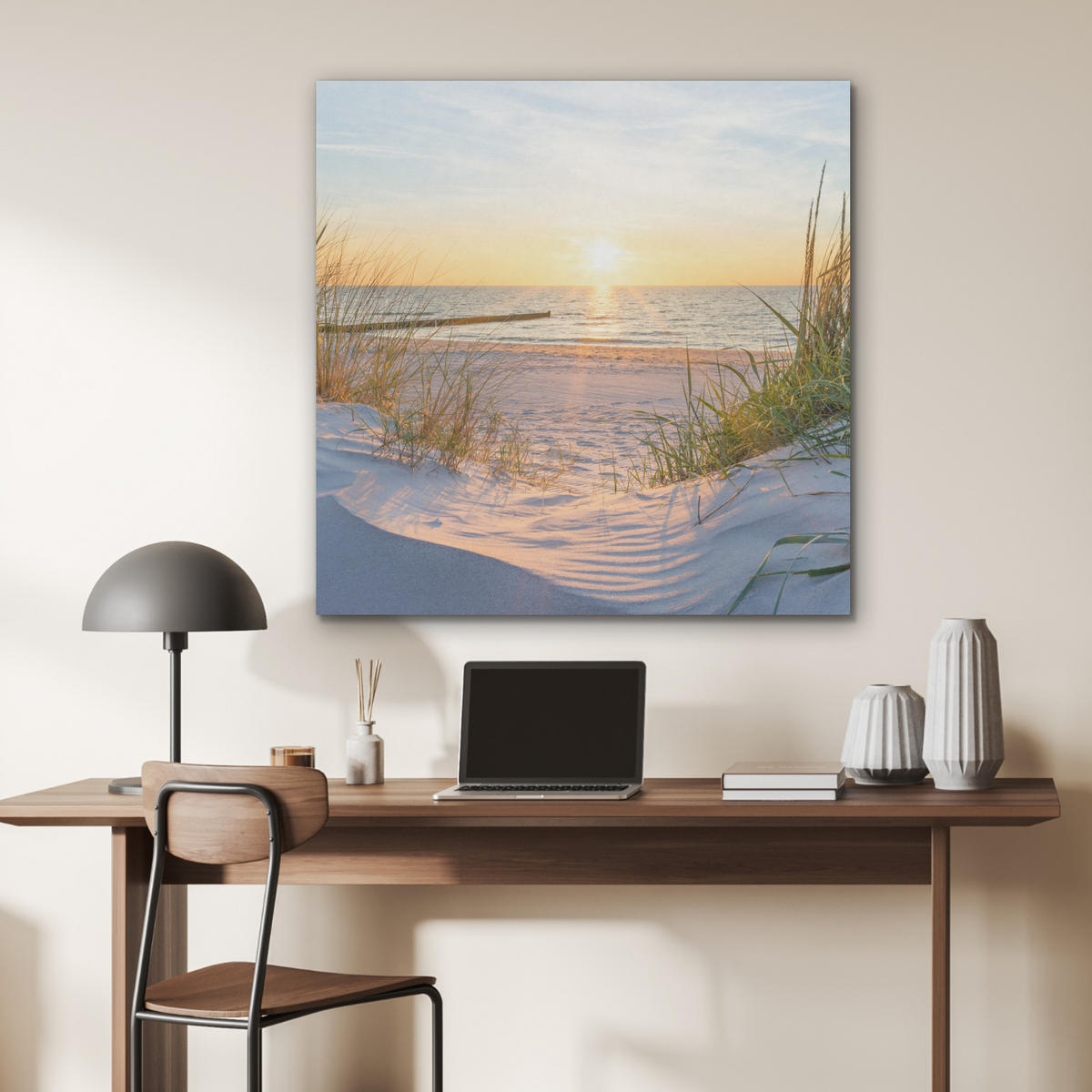 AKUSTIKPANEEL Strand - Sonne - Düne - Gras - Sand - Horizont 90x90 cm - Hellblau, Textil (90/0.9/90cm) - MuchoWow