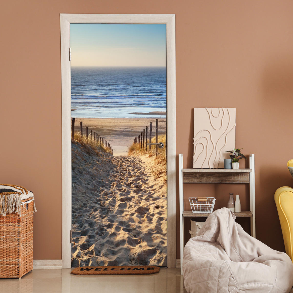 TÜRAUFKLEBER Strand - Meer - Niederlande - Dünen - Sonne 80x215 cm - Türtapete - Blau, Kunststoff (80/0.1cm) - MuchoWow