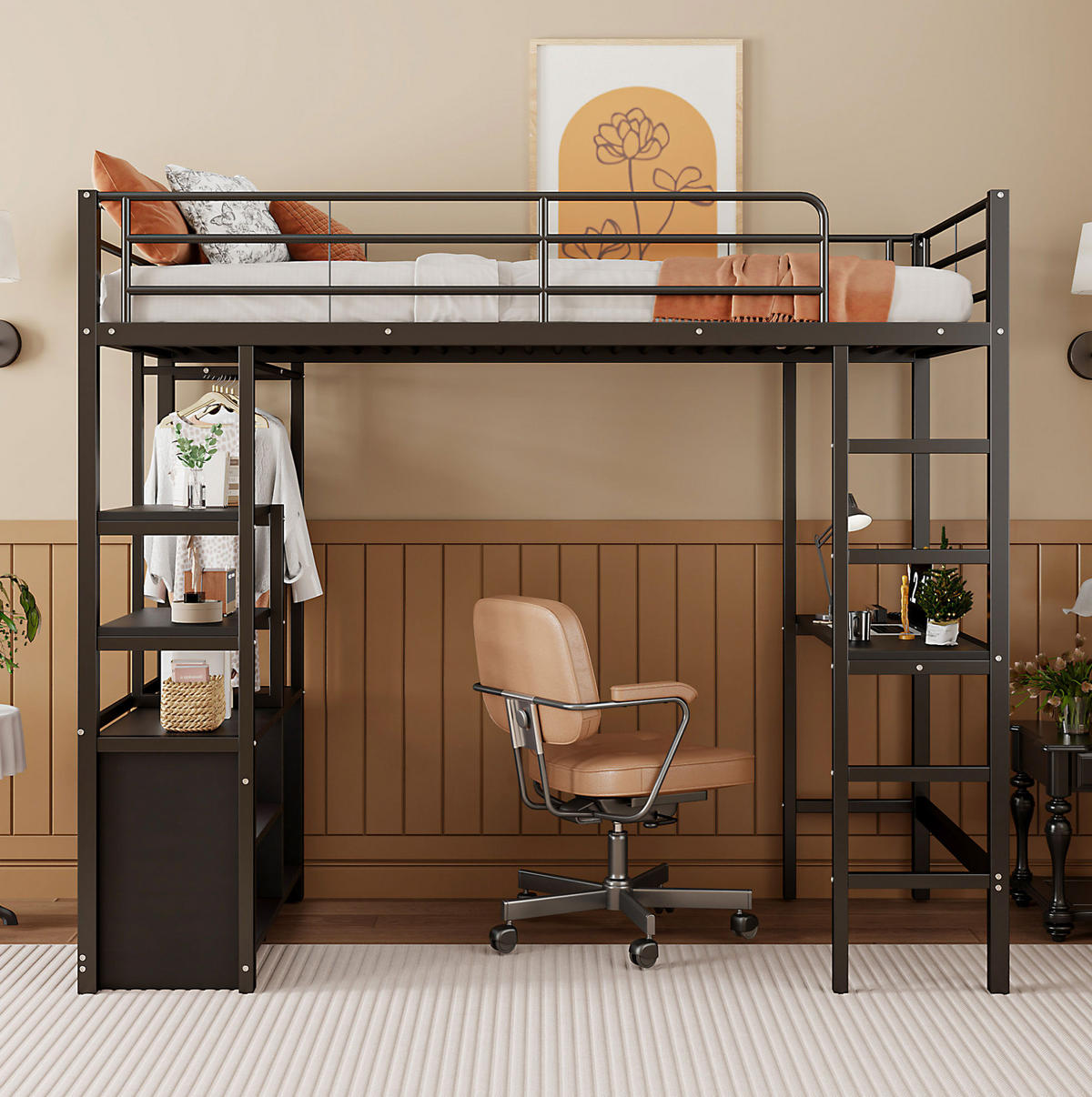HOCHBETT 90/200 cm Schwarz aus Metall mit Schreibtisch und Regalen - Schwarz, Metall (90/200cm) - OKMYHOME