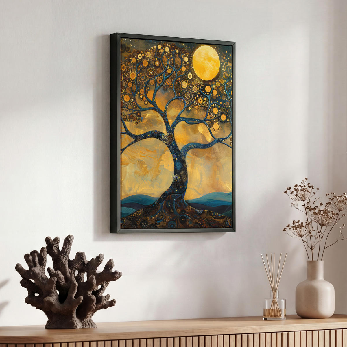 LEINWAND Bilder mit Rahmen - Baum - Mond - Blumen - Gold - Kunst - 30x40 - Orange, Textil (30/40cm) - MuchoWow