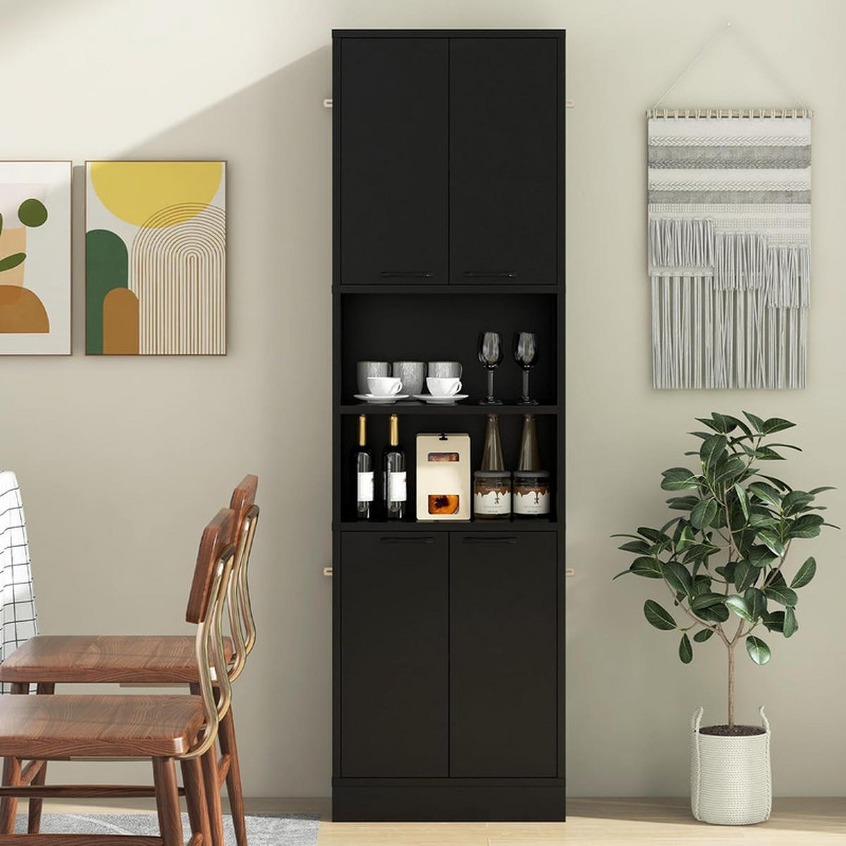 VORRATSSCHRANK mit Türen schwarz - Schwarz, Holzwerkstoff (56/190/30cm) - COSTWAY