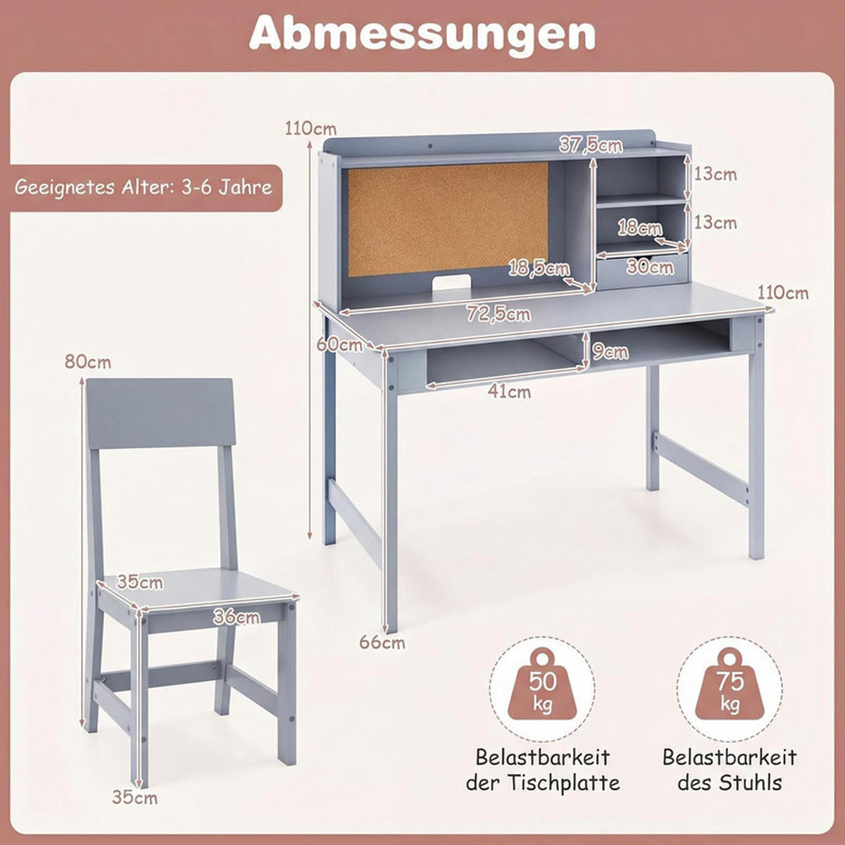 KINDERSCHREIBTISCH-SET aus Holz grau(2-tlg) - Grau, Holzwerkstoff (110/110/60cm) - COSTWAY