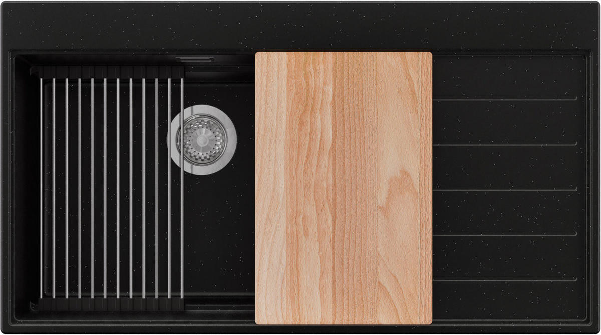 SPÜLBECKEN Sydney, 2-er set Schwarz Metallic 90/50 cm 1 Becken + Ablauf-Set + Küchenzubehörset ab 60er Unterschrank - Chromfarben/Schwarz Hochglanz, Kunststoff (90/20/50cm) - Primagran