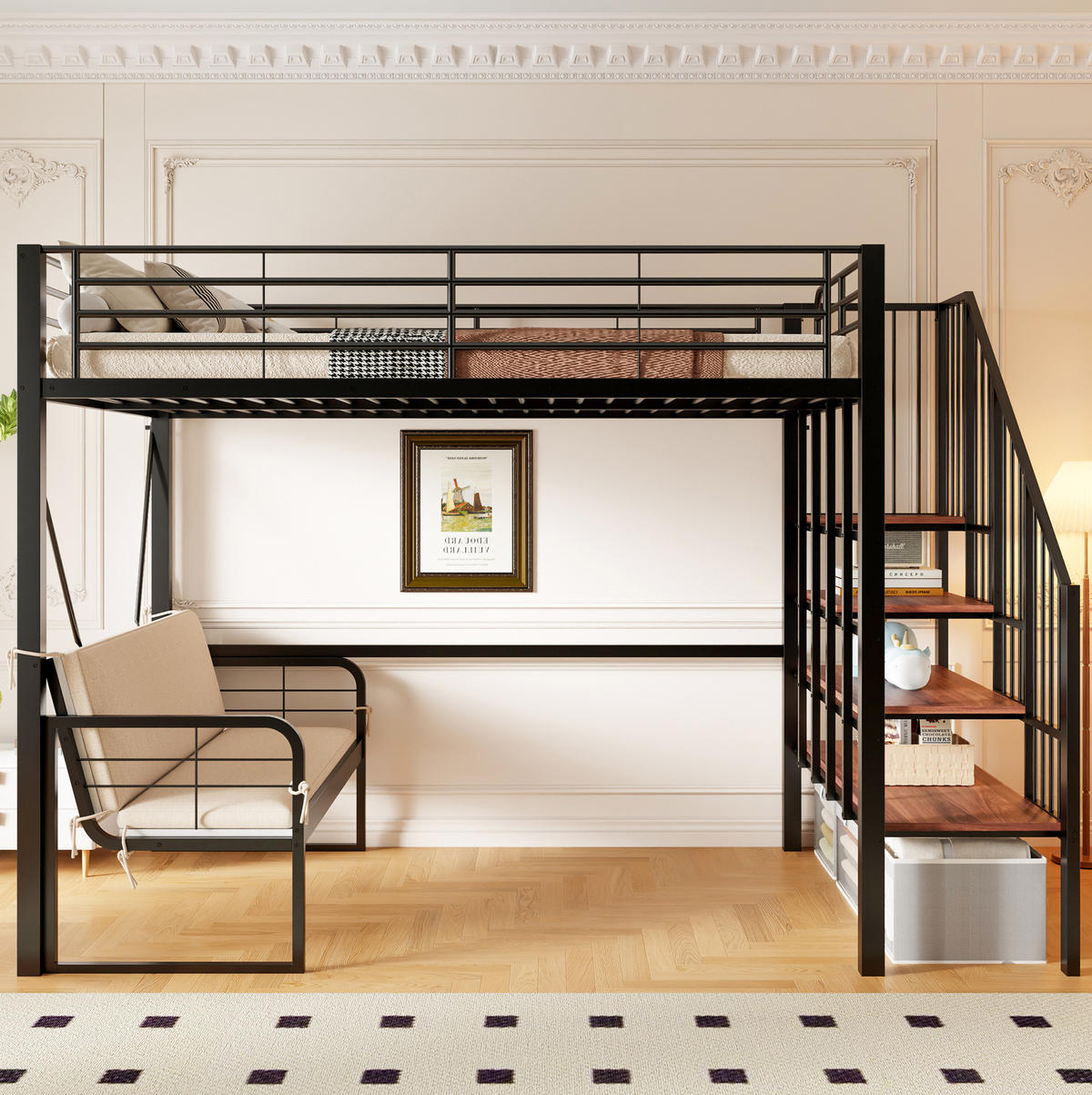 ETAGENBETT 140/200 cm schwarz aus Metall mit Sofa und Stauraum - Schwarz, Holzwerkstoff (140/200cm) - OKWISH