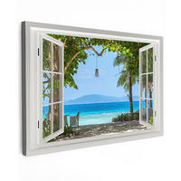 LEINWANDBILD Aussicht - Baum - Meer - Palme - Hügel - Strand - Blau Wohnzimmer Groß 120x80 cm - Blau, Textil (120/80cm) - MuchoWow