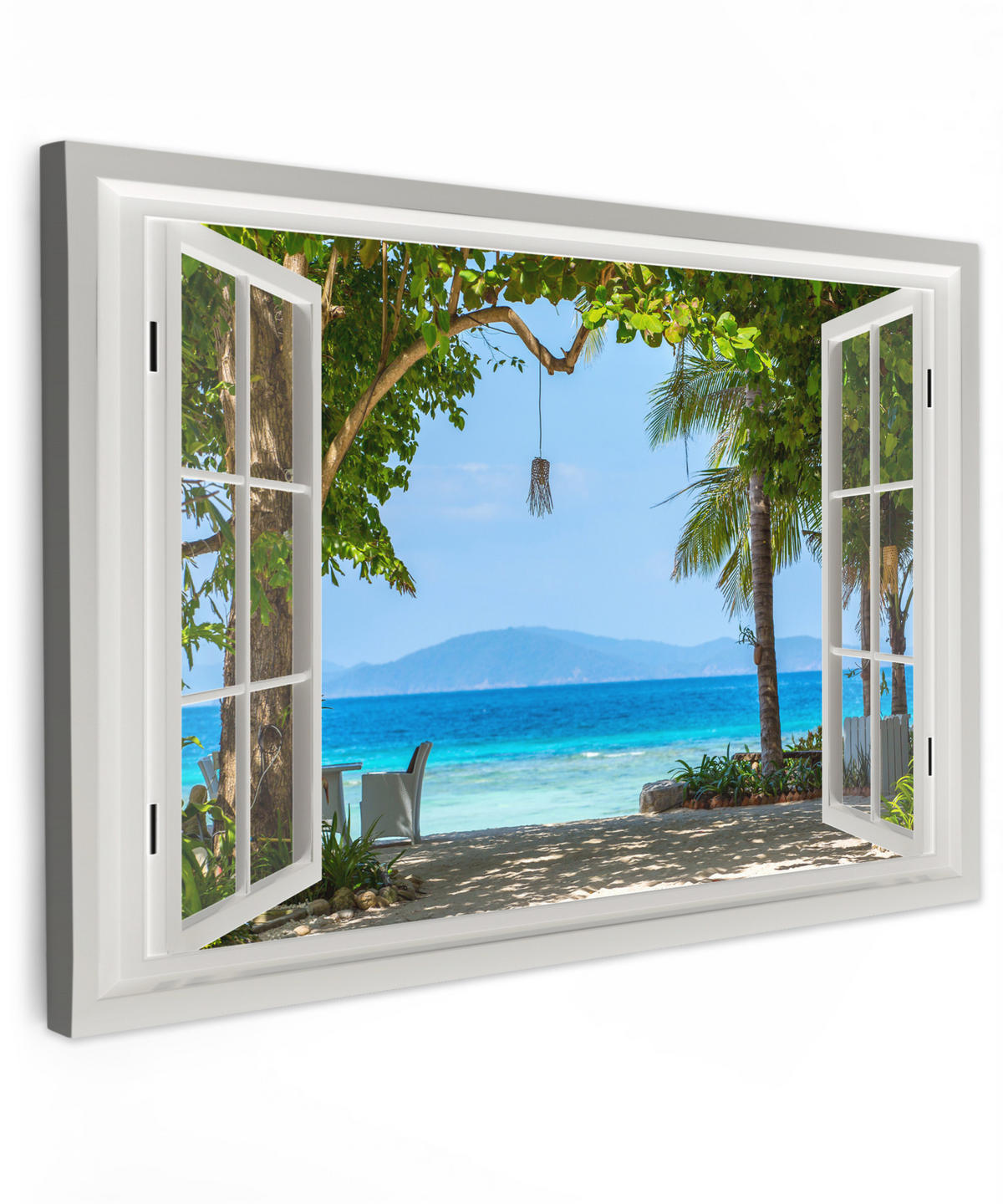 LEINWANDBILD Aussicht - Baum - Meer - Palme - Hügel - Strand - Blau Wohnzimmer Groß 120x80 cm - Blau, Textil (120/80cm) - MuchoWow