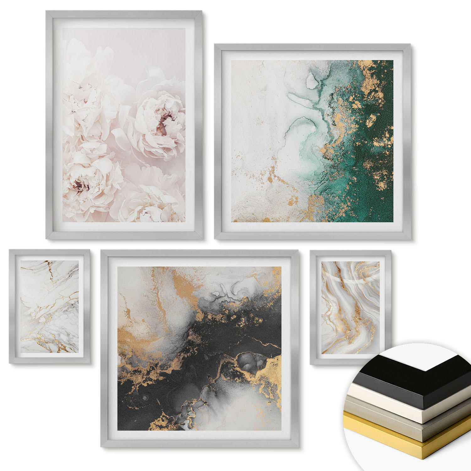 WANDBILDER 5er Set - 50x50 cm & 20x30 cm & 40x60 cm Silberner Rahmen - Abstrakte Muster weiß schwarz grün - Silberfarben, Kunststoff (40/60cm) - ArtPrintCave