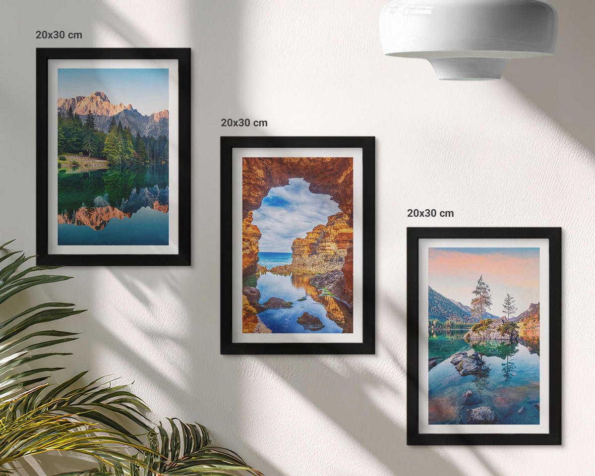 BILDER SET 3er Set - 20x30 cm Schwarzer Rahmen - Spiegelungen der Felsen in Bergseen - Schwarz, Kunststoff (20/30cm) - TULUP