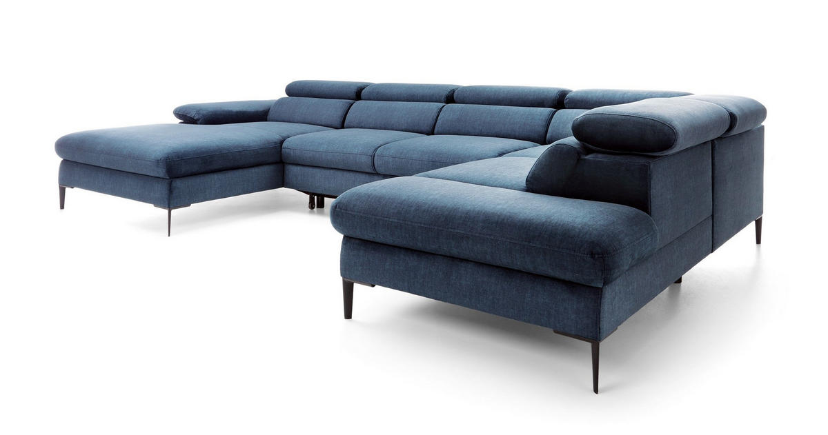 WOHNLANDSCHAFT MESTO Blau Velours-Stoff mit Schlaffunktion - Blau, Holz (353/94/182cm) - MASSENO